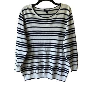 Lands’ End Sweater Supima Cotton Striped Blue White 1X Coastal Nautical Preppy